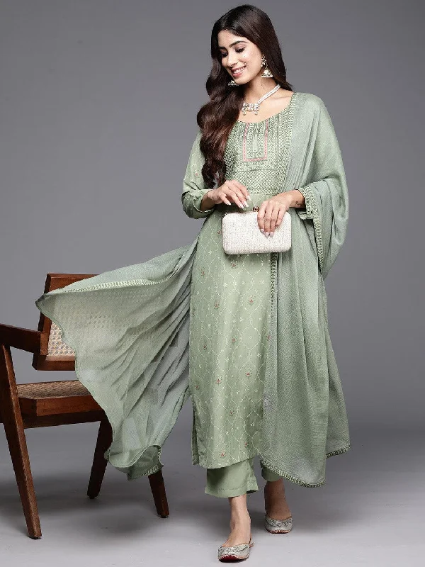 Green Printed Silk Blend Straight Suit With Dupatta