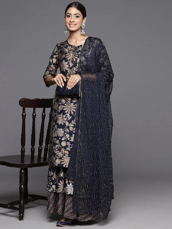 Blue Printed Silk Blend Pakistani Suit