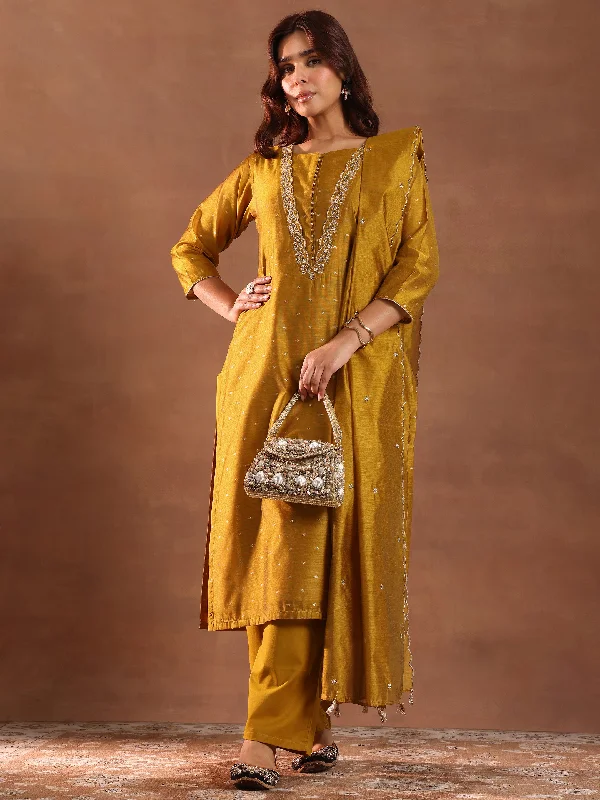 Mustard Woven Design Chanderi Silk Straight Suit With Dupatta