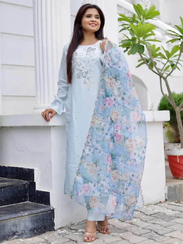 Blue Embroidered Silk Blend Straight Suit With Dupatta