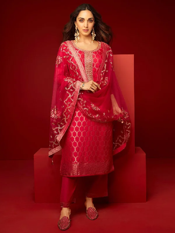 Pink Woven Design Silk Blend Straight Suit With Dupatta