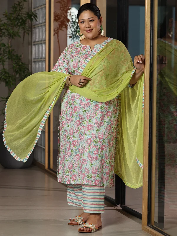 Plus Size Off White Printed Cotton Straight Suit With Dupatta