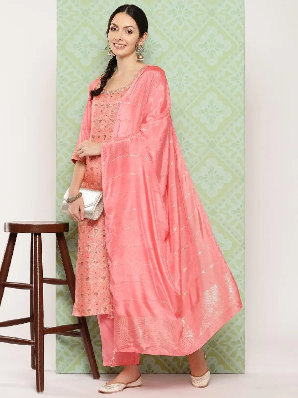 Peach Woven Design Silk Blend Straight Suit With Dupatta