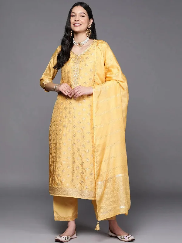 Yellow Embroidered Silk Blend Straight Kurta With Trousers & Dupatta