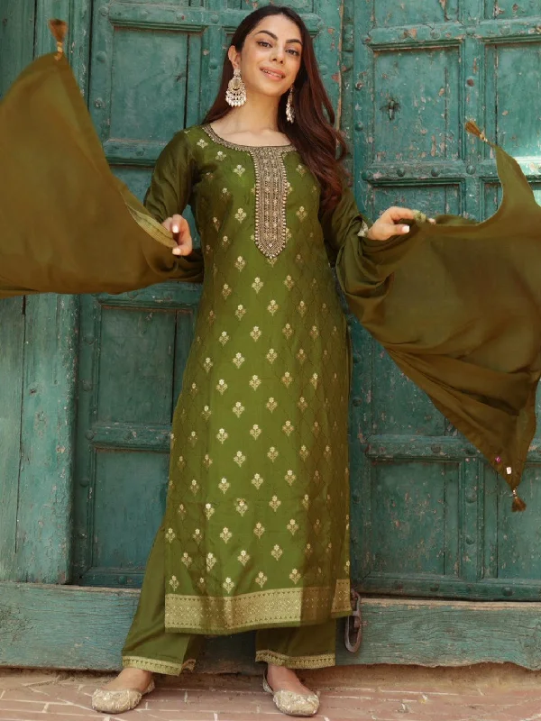 Olive Woven Design Silk Blend Straight Suit With Dupatta