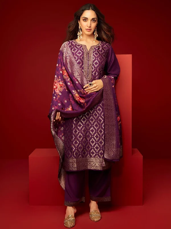 Purple Woven Design Silk Blend Straight Suit With Dupatta