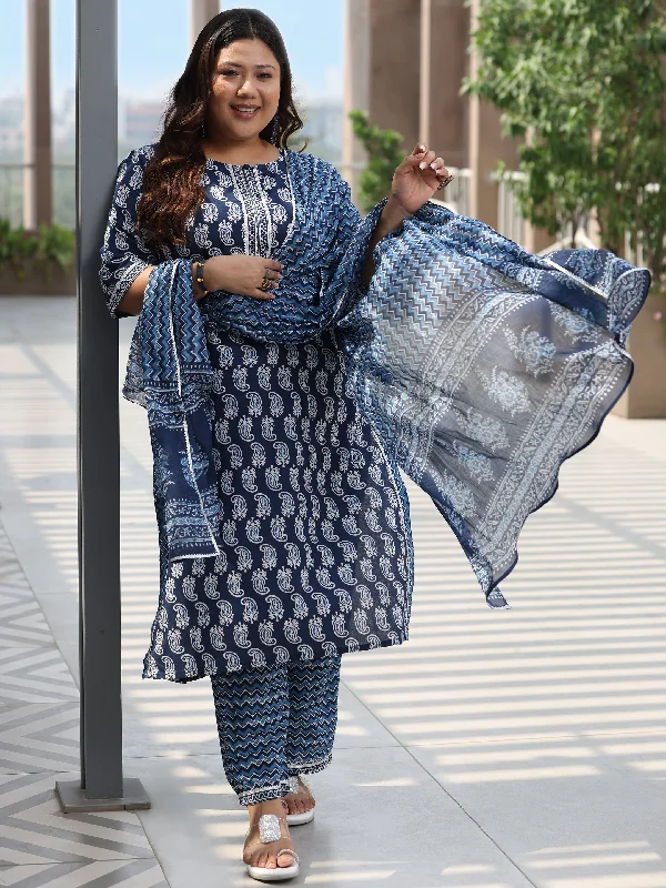 Plus Size Blue Printed Cotton Straight Suit With Dupatta