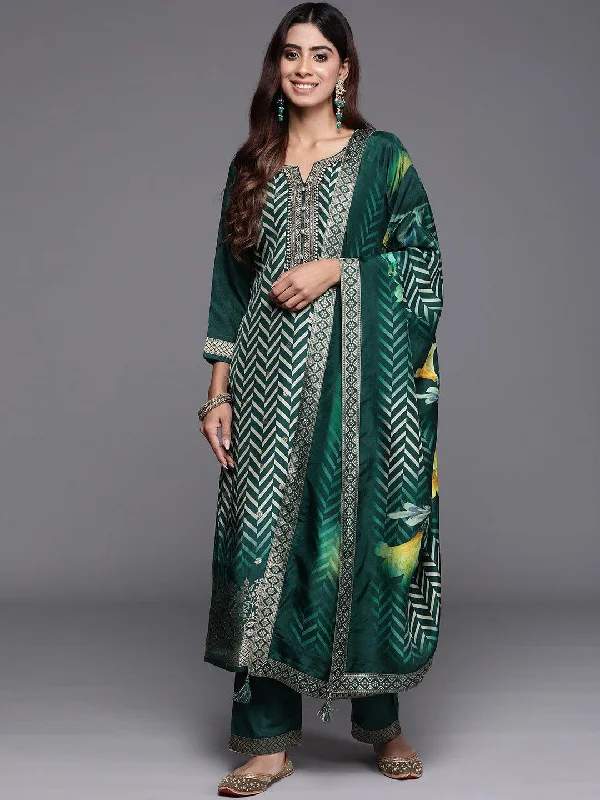 Green Printed Silk Blend Straight Suit With Dupatta