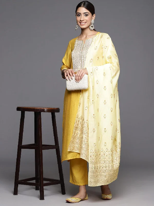 Mustard Yoke Design Silk Blend Straight Suit With Dupatta