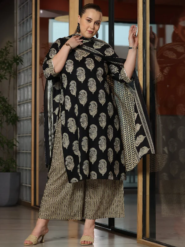 Plus Size Black Printed Cotton Straight Suit With Dupatta