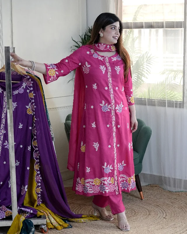 Mreeyal Pink Embroidered A line Silk Suit