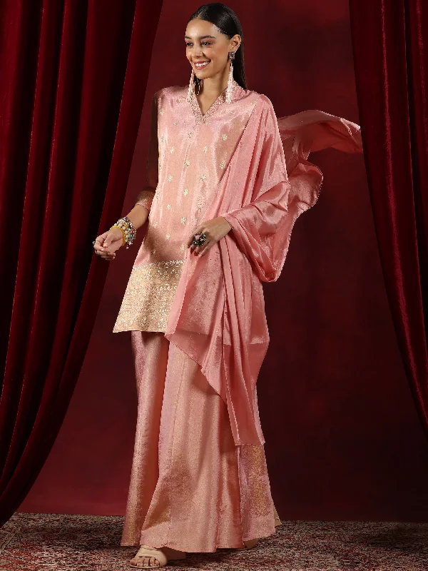 Libas Art Pink Woven Design Silk Blend Straight Suit With Dupatta