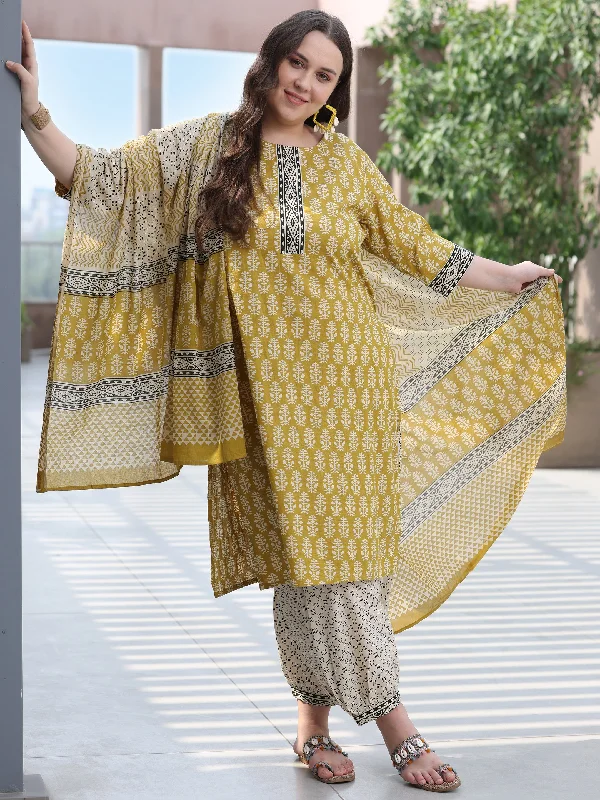 Plus Size Olive Printed Cotton Straight Suit With Dupatta