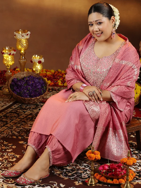 Plus Size Peach Yoke Design Silk Blend Straight Suit With Dupatta