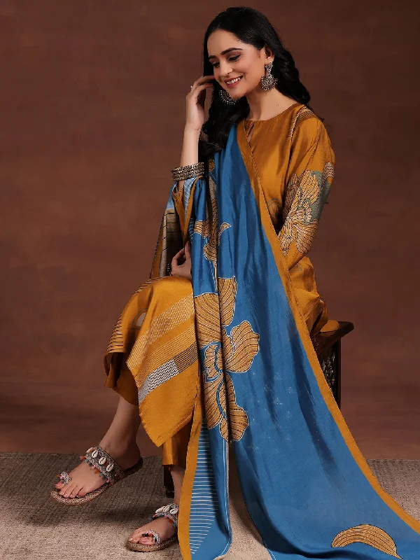 Mustard Printed Silk Blend Straight Suit With Dupatta