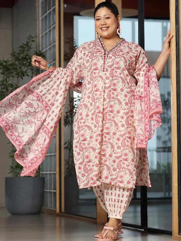 Plus Size Pink Printed Cotton Straight Suit With Dupatta