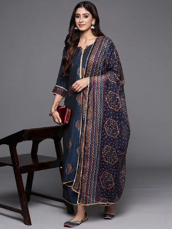 Blue Printed Silk Blend Straight Suit With Dupatta