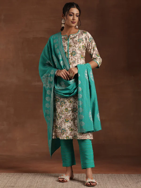 Blue Printed Silk Blend Straight Suit With Dupatta