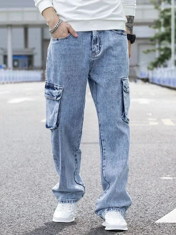 Light Blue Denim Men's JeansBlue Stone Wash Baggy Fit Cargo Men Jeans