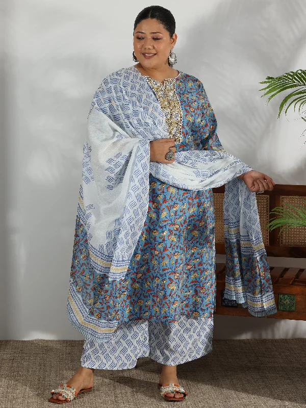 Plus Size Blue Printed Cotton Straight Suit With Dupatta