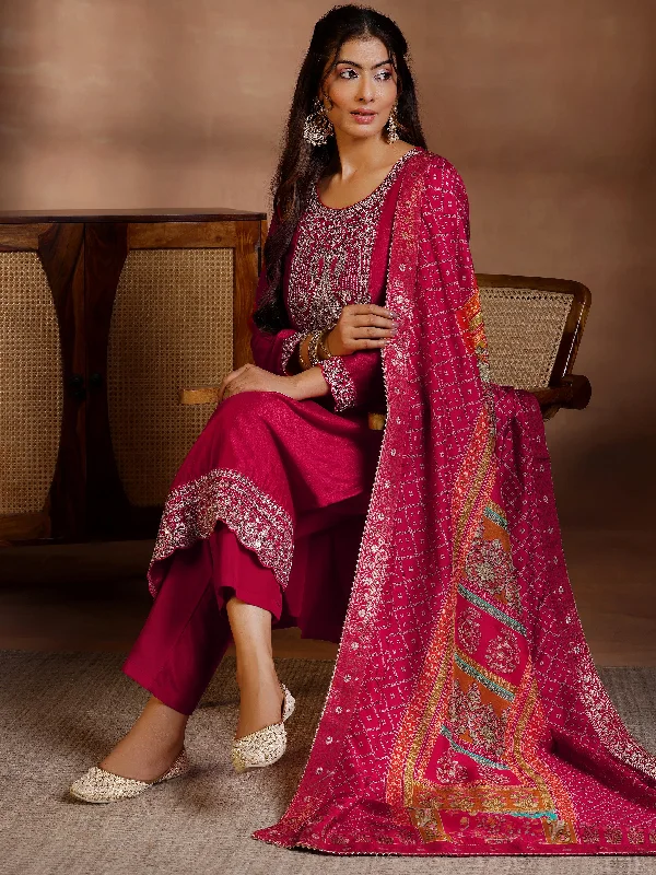 Red Embroidered Silk Blend Straight Suits With Dupatta