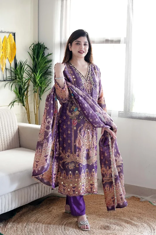 Iftar Purple Digital Print Suit Set