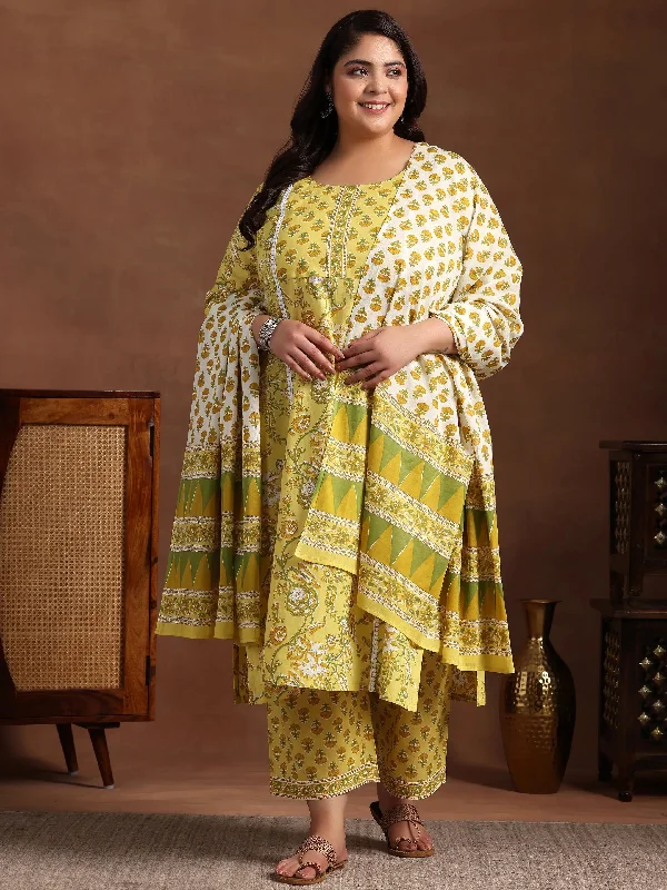 Plus Size Yellow Printed Cotton Straight Suit With Dupatta