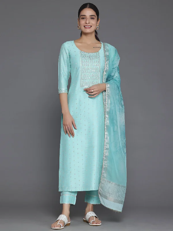 Turquoise Yoke Design Silk Blend Straight Suit With Dupatta