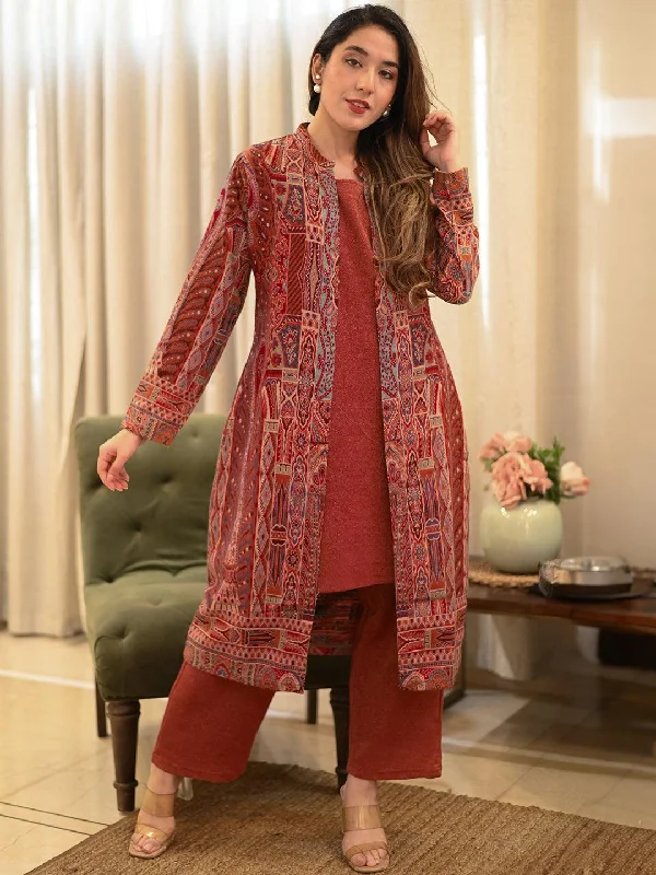 Rust Printed Wool Blend Straight Kurta Set