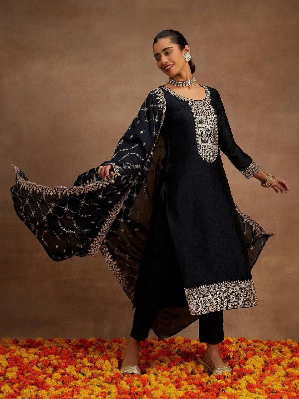 Navy Blue Yoke Design Silk Blend Straight Suit With Dupatta