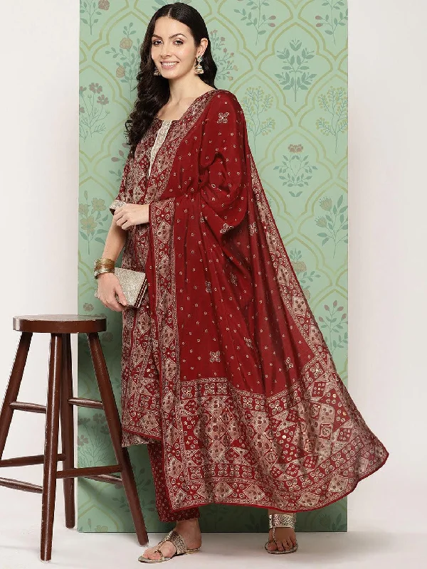 Red Printed Silk Blend Straight Suit With Dupatta