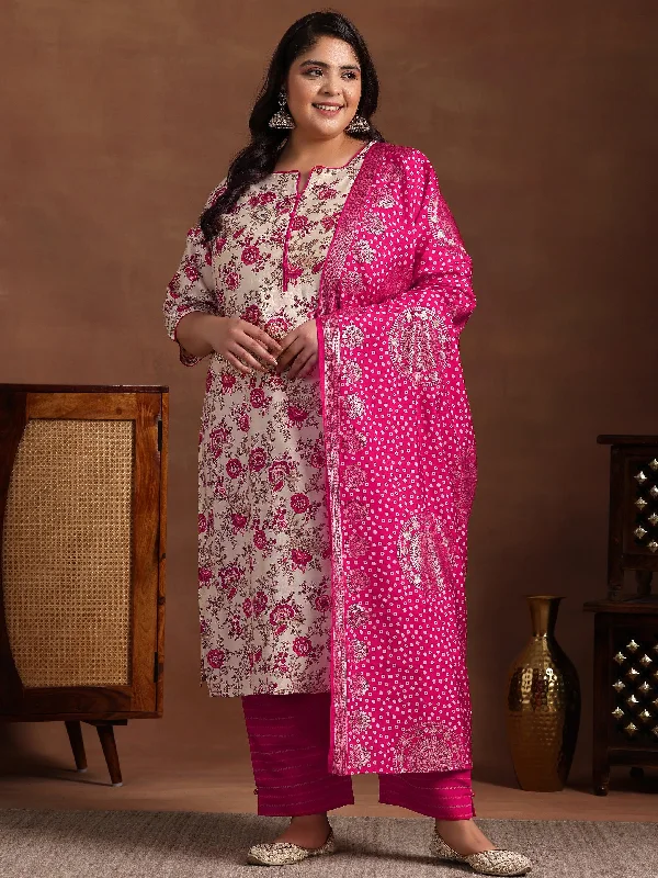 Plus Size Pink Printed Silk Blend Straight Suit With Dupatta