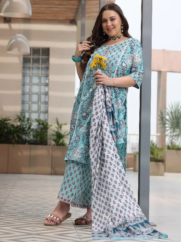 Plus Size Blue Printed Cotton Straight Suit With Dupatta