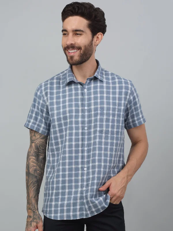 Layered Men's Henley ShirtsMen's Grey  Casual Medium Checks Half sleeve Shirt