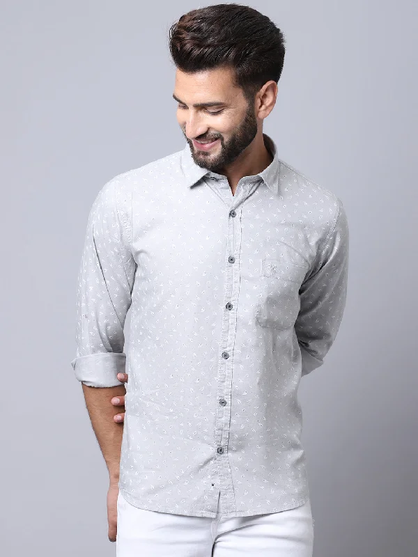 Men's Solid-Color Button-Down Shirts for VersatilityMen's Light Grey Casual Floral Print Full Sleeve Shirt