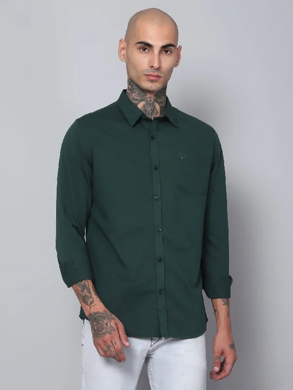 Classic Men's Dress ShirtsMen's Bottle Green Casual Knit Jersey Full Sleeve Shirt