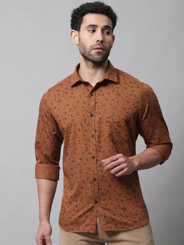 Men's Solid-Colored Shirts for VersatilityMen's Brown Casual Floral Print Full Sleeve Shirt