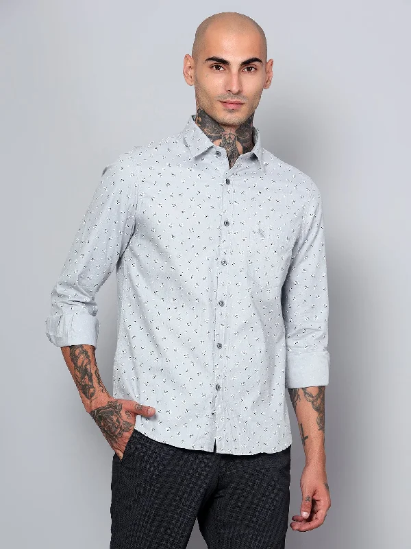 Men's Collared Shirts for Formal OccasionsMen's Light Grey Casual Floral Ditsy Print Full Sleeve Shirt