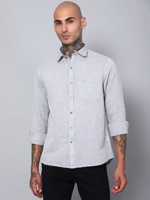 Men's Floral Print Shirts for Spring and SummerMen's Light Grey Casual Plain Full Sleeve Shirt