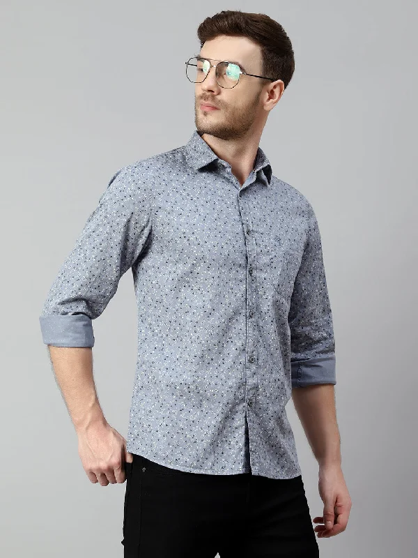 Breathable Men's Linen ShirtsMen's Light Grey Casual Floral Print Full Sleeve Shirt