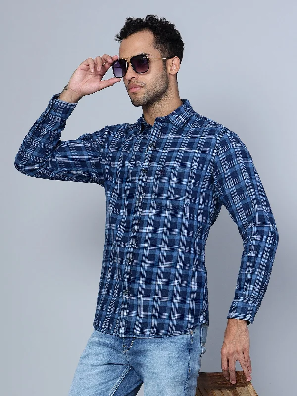 Men's Custom Dress Shirts for a Personalized FitMen's Navy Blue Casual Medium Checks Full Sleeve Shirt