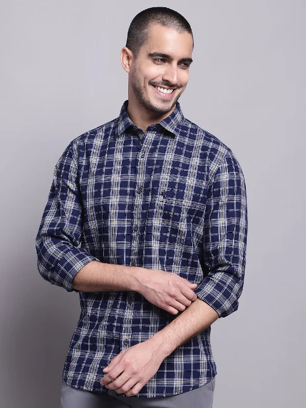 Men's Long-Sleeve Shirts for Year-Round WearMen's Navy Blue Casual Big Checks Full Sleeve Shirt