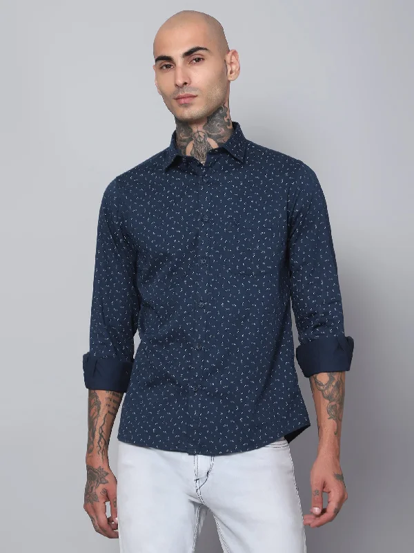 Men's Pocket T-Shirts for Added FunctionalityMen's Navy Blue Casual Ditsy Print Full Sleeve Shirt