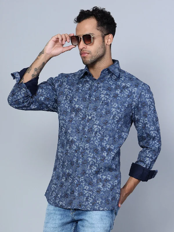 Men's Crew Neck T-Shirts for Everyday WearMen's Navy Blue Party Abstract Print Full Sleeve Shirt