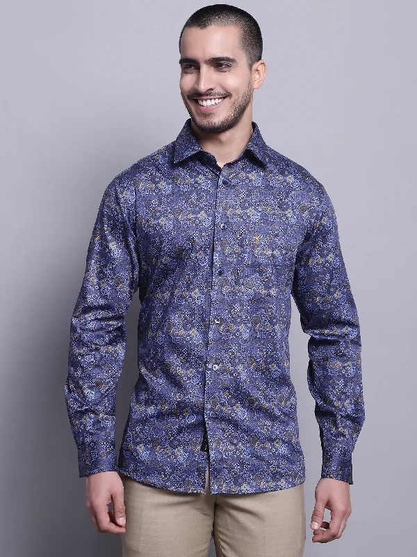 Men's Layering Shirts for Seasonal TransitionsMen's Navy Blue Party Geometric Print Full Sleeve Shirt