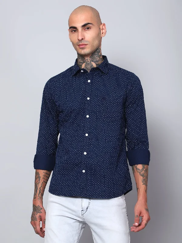 Men's Collared Shirts for Formal OccasionsMen's Navy Blue Casual Dot Print Full Sleeve Shirt