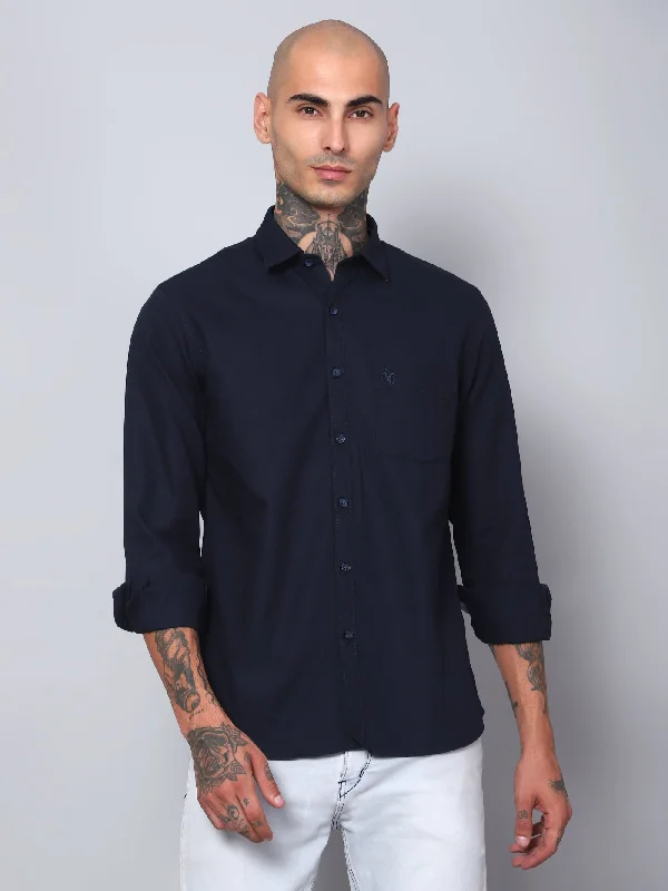 Men's Tailored Shirts for a Sharp AppearanceMen's Navy Blue Casual Self Textured Full Sleeve Shirt