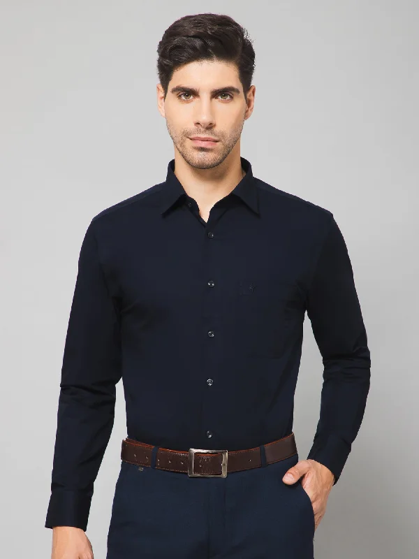 Men's Solid-Color Block Shirts for a Bold StatementMen's Navy Blue Formal Plain Full Sleeve Shirt