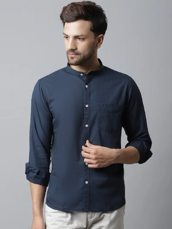 Men's Designer Dress Shirts for High-End FashionMen's Navy Blue Casual Plain Full Sleeve Shirt