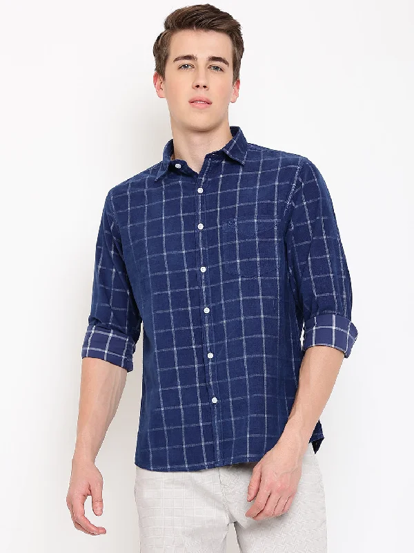 Men's Stain-Resistant Shirts for Mess-Free WearMen's Navy Blue Casual Medium Checks Print Corduroy Full Sleeve Shirt